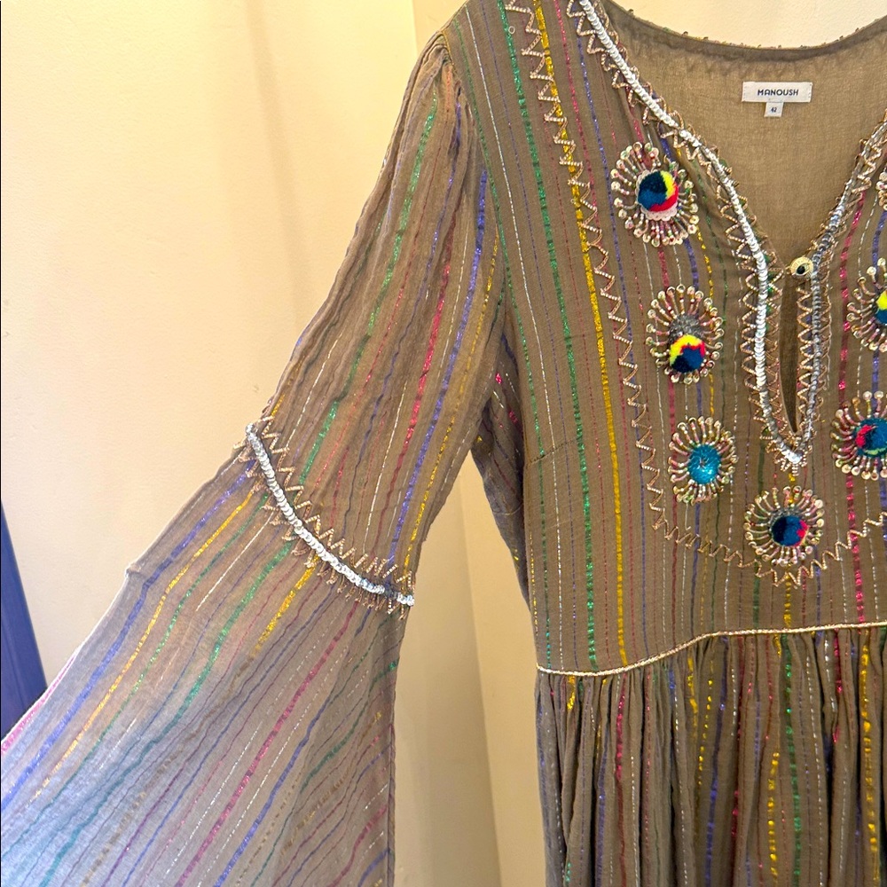 MANOUSH Colorful Embroidered Dress with Bell Sleeves